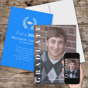Invitation Graduate Classic Photo Simple Laureate Azure Blue