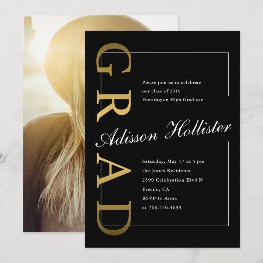 Invitation Graduate Formal Gold Black Photo Party (Devant / Derrière)