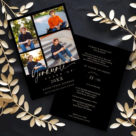 Invitation Graduate Modern Black Trendy Collage 4 Photos