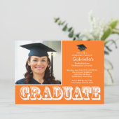 Invitation Graduate moderne Orange Photo Party (Debout devant)