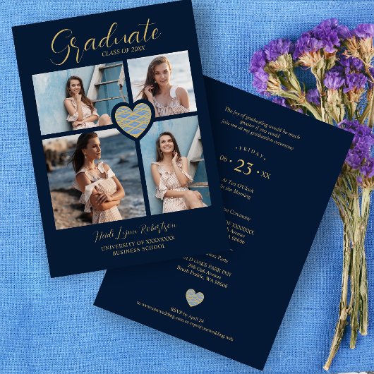 Invitation Graduate Navy Blue Trendy Heart Collage 4 Photos