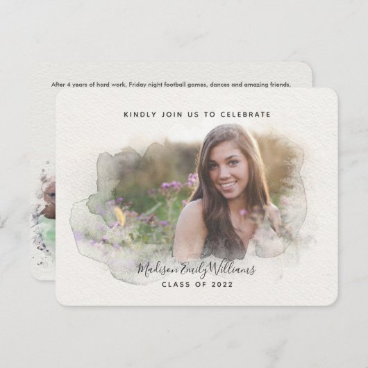 Invitation Graduate Party 4 Photo Script Aquarelle (Devant / Derrière)