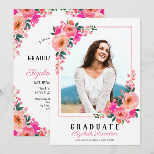 Invitation Graduate Pink Floral Frame Graduation Party Photo (Devant / Derrière)