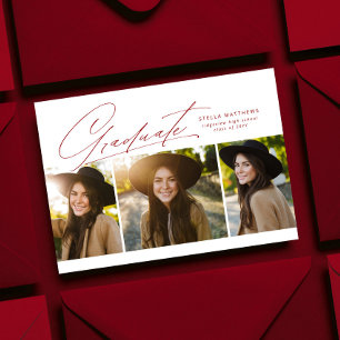 Invitation Graduate trois photo simple moderne rouge graduati