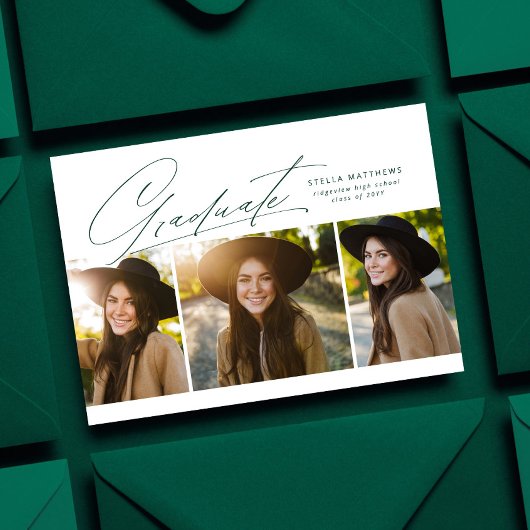 Invitation Graduate trois photo simple vert graduation