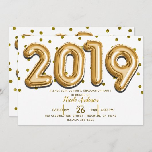 Invitation GRADUATION 2019 Gold Confetti Balloons (Devant / Derrière)