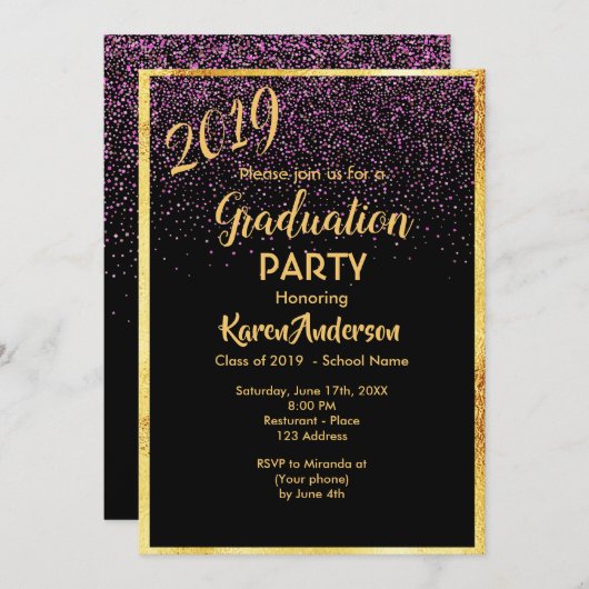 Invitation Graduation 2019 parti chic noir confetti or (Devant / Derrière)