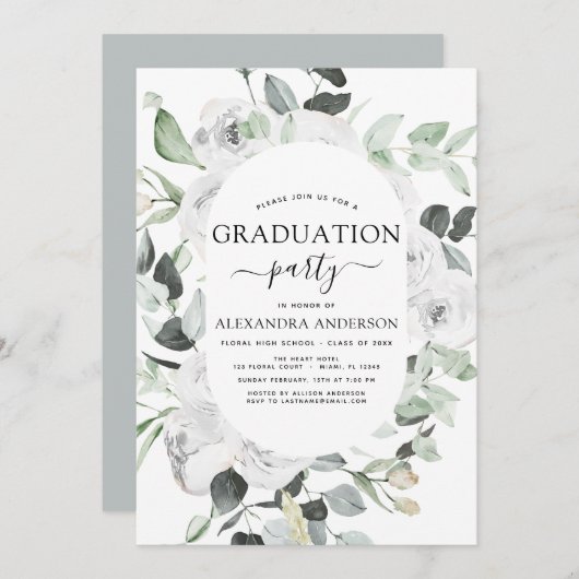 Invitation Graduation 2023 Floral Eucalyptus Vert (Devant / Derrière)