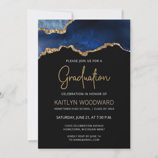 Invitation Graduation 2023 Photo Blue Agate Gold Parties scin (Devant)