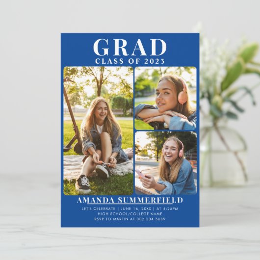 Invitation Graduation 2024 Grad Photo Collage Blue Party (Debout devant)