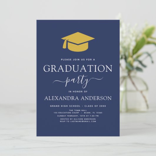 Invitation Graduation 2024 Marine Blue Gold Photo (Debout devant)