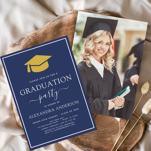 Invitation Graduation 2024 Marine Blue Gold Photo Invit