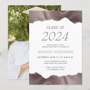 Invitation Graduation 2024 Photo Taupe Argent Agate