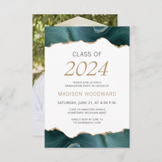 Invitation Graduation 2024 Photo Turquoise Gold Agate (Devant / Derrière)