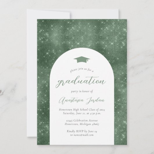 Invitation Graduation 2024 Sparkly Sage Green Glam Arch (Devant)