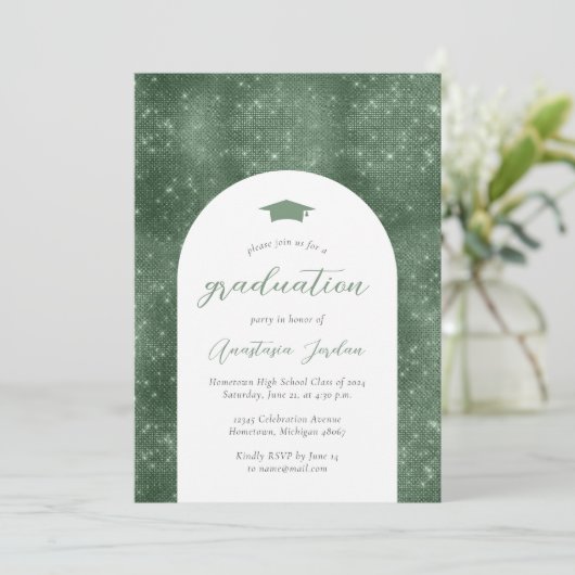 Invitation Graduation 2024 Sparkly Sage Green Glam Arch (Debout devant)
