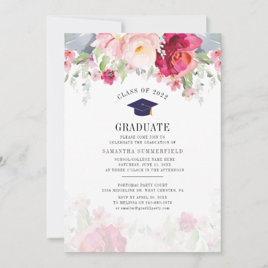 Invitation Graduation 2024 Watercolor Grad Floral Party (Devant)