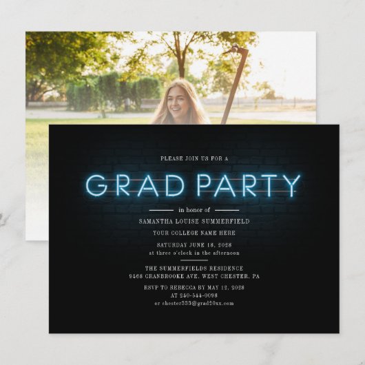 Invitation Graduation 2025 Blue Neon Graduate Photo Party (Devant / Derrière)