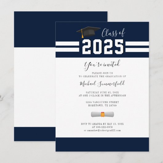 Invitation Graduation 2025 Marine White Minimalist Grad Party (Devant / Derrière)