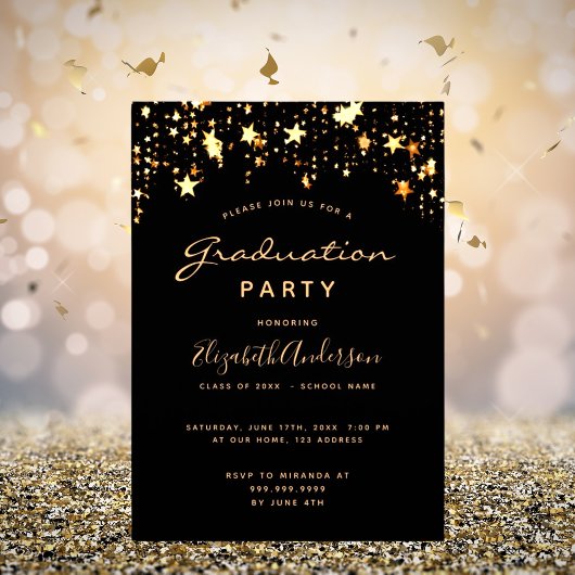 Invitation Graduation 2025 partie noir or étoiles glam