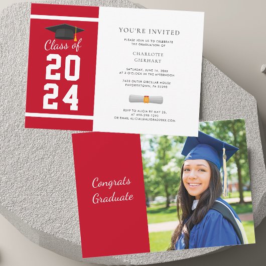Invitation Graduation 2025 Photo Red White Grad Party