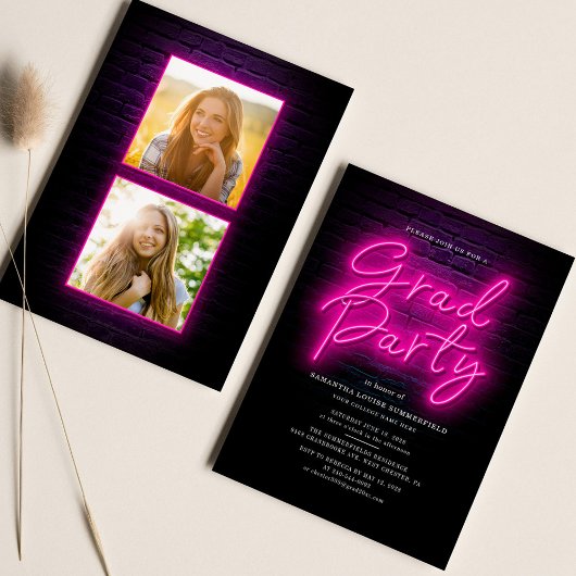 Invitation Graduation 2025 Pink Neon Script 2 Photos Party