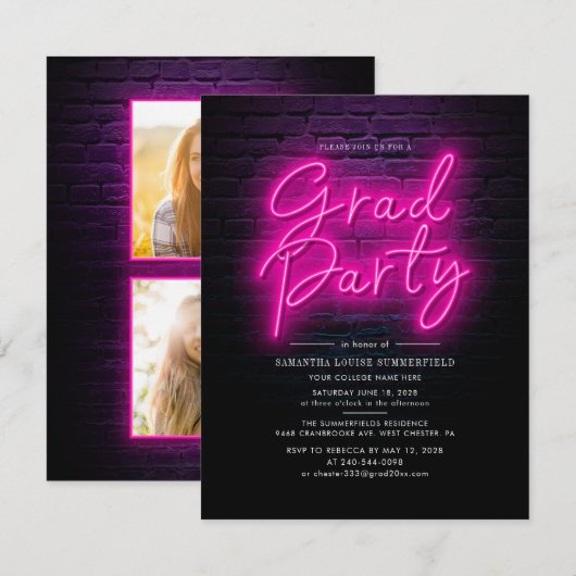 Invitation Graduation 2025 Pink Neon Script Photo Grad Party (Devant / Derrière)