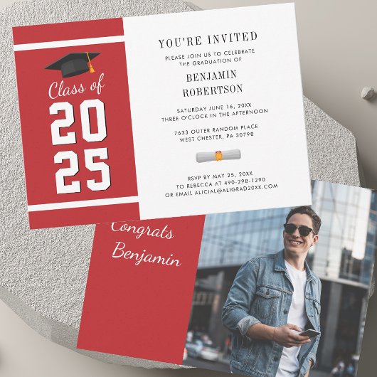 Invitation Graduation 2025 Red and White Grad Photo Party
