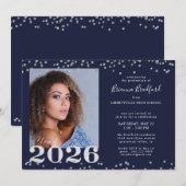 Invitation Graduation 2026 Navy Blue Silver Glitter (Devant / Derrière)