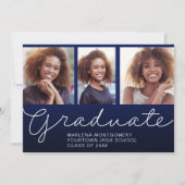 Invitation Graduation 3 Photo Élégant Script Party Navy Blue (Devant)