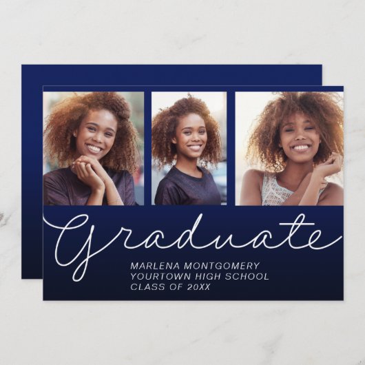 Invitation Graduation 3 Photo Élégant Script Party Navy Blue (Devant / Derrière)
