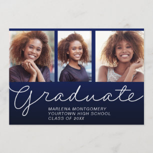 Invitation Graduation 3 Photo Élégant Script Party Navy Blue