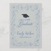 Invitation Graduation Announcement | Blue Floral Photo Design (Devant)