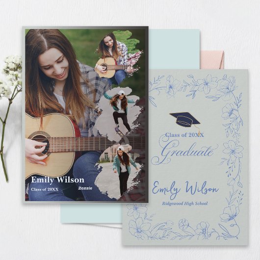 Invitation Graduation Announcement | Blue Floral Photo Design