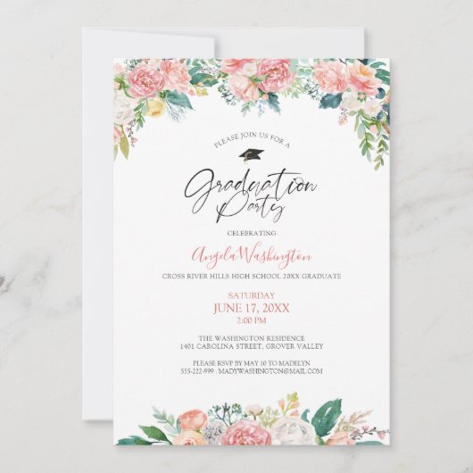 Invitation Graduation Aquarelle moderne Blush Floral Script (Devant)