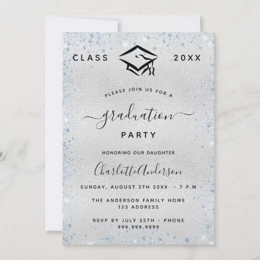 Invitation Graduation argent bleu clair parties scintillant l (Devant)