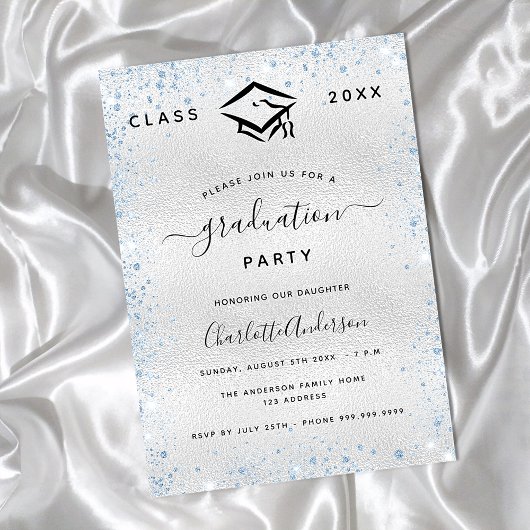 Invitation Graduation argent bleu clair parties scintillant l