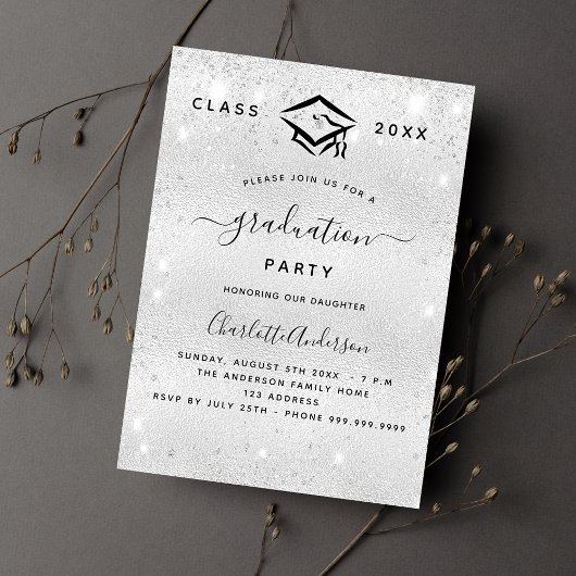 Invitation Graduation argent parties scintillant luxe moderne
