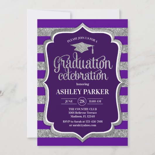 Invitation Graduation - Argent Purple Stripes (Devant)