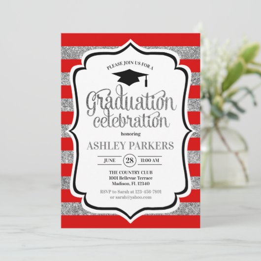 Invitation Graduation - Argent Red Stripes (Debout devant)