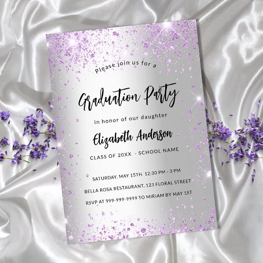 Invitation Graduation argent violet violet pétillants