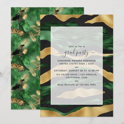 Invitation Graduation Art Déco Tropical Green et Gold Tiger (Devant / Derrière)