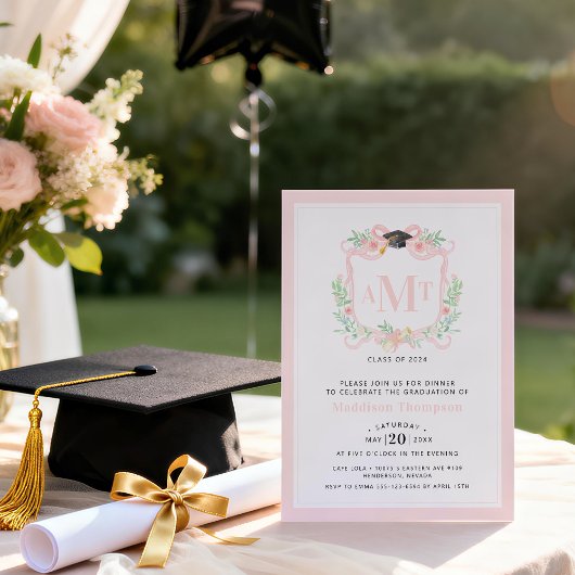 Invitation Graduation au ruban | 3 Lettre Pink Monogramme Cre