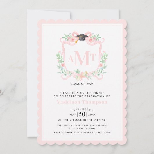 Invitation Graduation au ruban | 3 Lettre Pink Monogramme Cre (Devant)