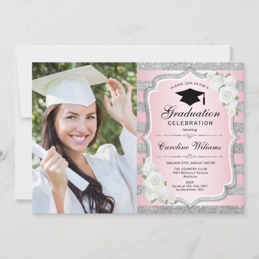 Invitation Graduation avec photo - Argent Rose (Devant)