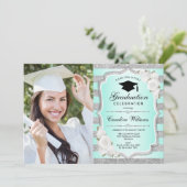 Invitation Graduation avec photo - Argent Vert (Debout devant)