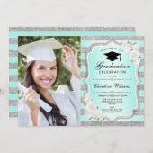 Invitation Graduation avec photo - Argent Vert (Devant / Derrière)