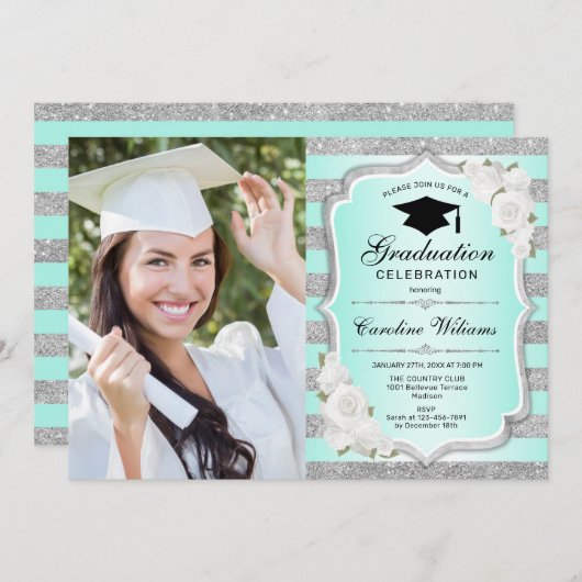 Invitation Graduation avec photo - Argent Vert (Devant / Derrière)