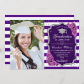 Invitation Graduation Avec Photo - Argent Violet (Devant / Derrière)