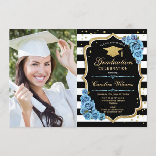 Invitation Graduation avec photo - Fleurs Bleues d'or